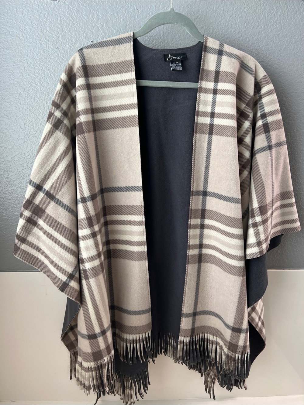 Super Soft Plaid Fringe Cape Wrap - Beige & Gray